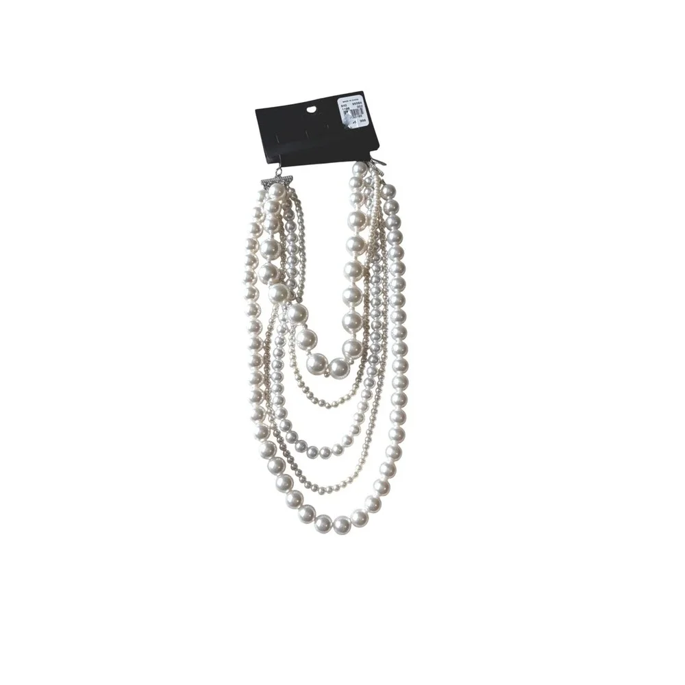 NEW New York & Company Faux Pearl Multi Strand Layered Statement Necklace White